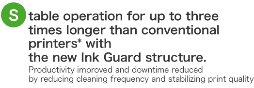 Stable operation for up to three times longer than conventional printers with the new Ink Guard structure. Productivity improved and downtime reduced by reducing cleaning frequency and stabilizing print quality